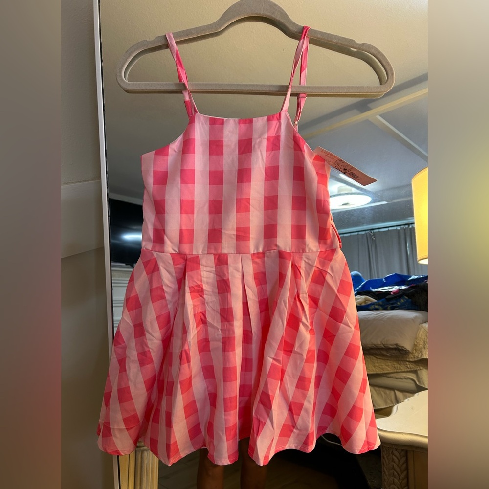 NEW 1950s Pink Gingham Girls Pink Plaid Movie Costume Kids Halloween Dress 4/5